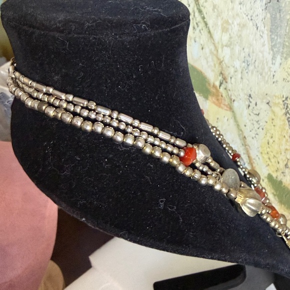 Vintage Multi-Strand Beaded Necklace Red Stone Charms Antique Gold SilverTone - Picture 5 of 6